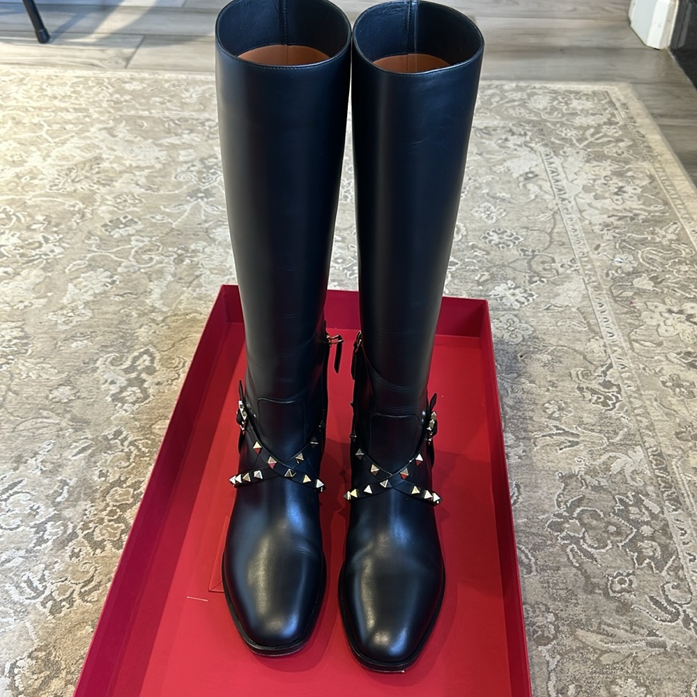 Valentino Rockstud Leather Knee Boot with original box. It is authentic.